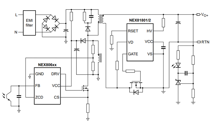 Schéma du circuit d'application - Nexperia Contrôleurs Flyback quasi résonnants NEX806